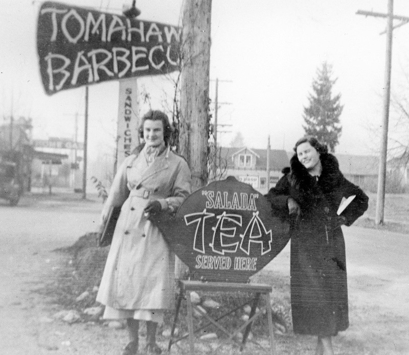 vintage photo of women next to salada tea and tomahawk sign