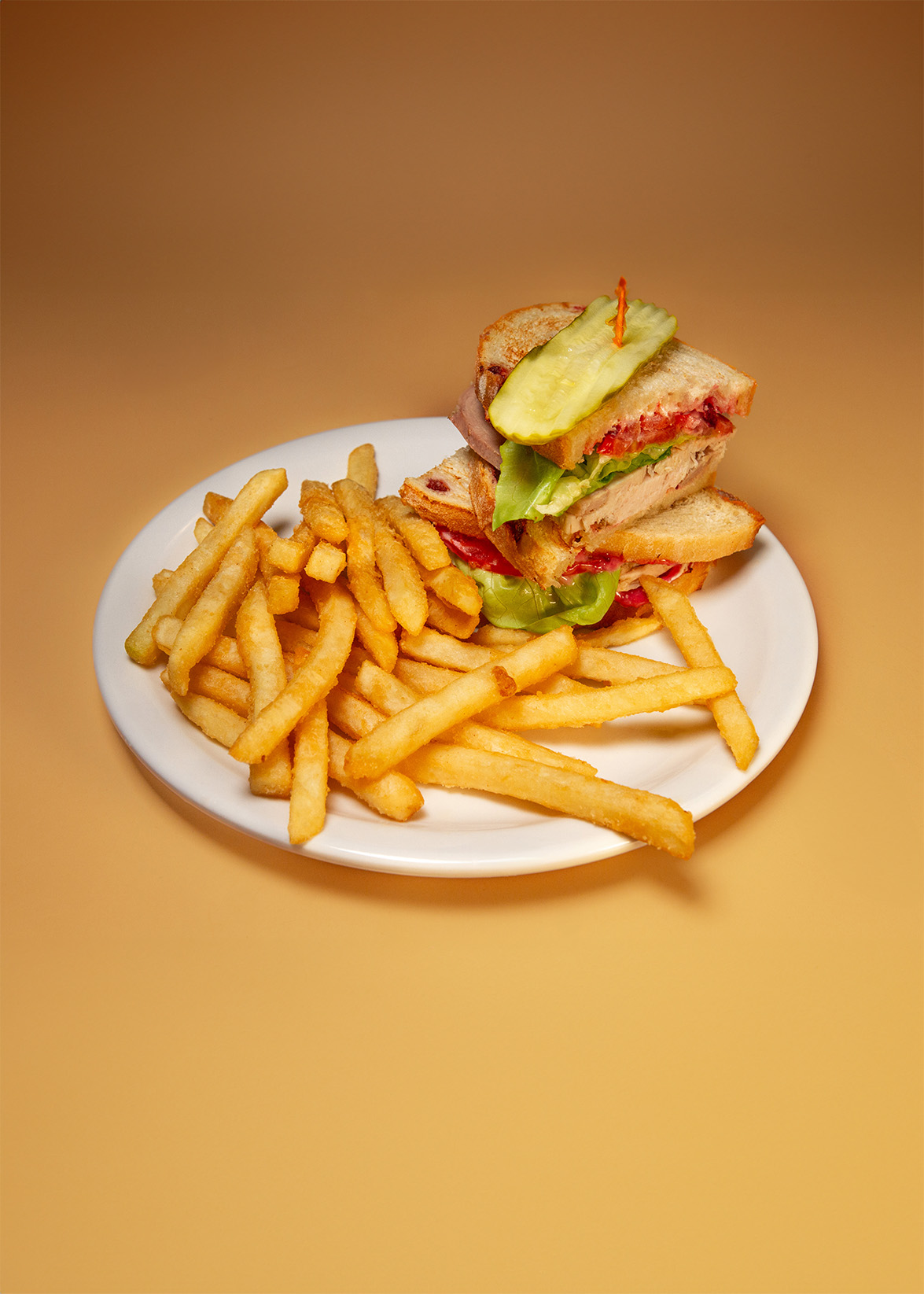 turkey club sandwich with fries