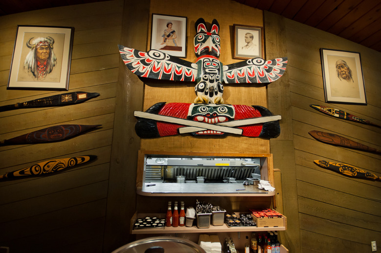 First Nations carvings displayed on top of kitchen window